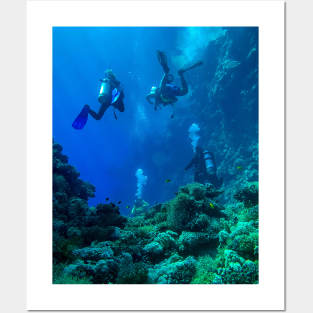 Coral reef and scuba divers Posters and Art